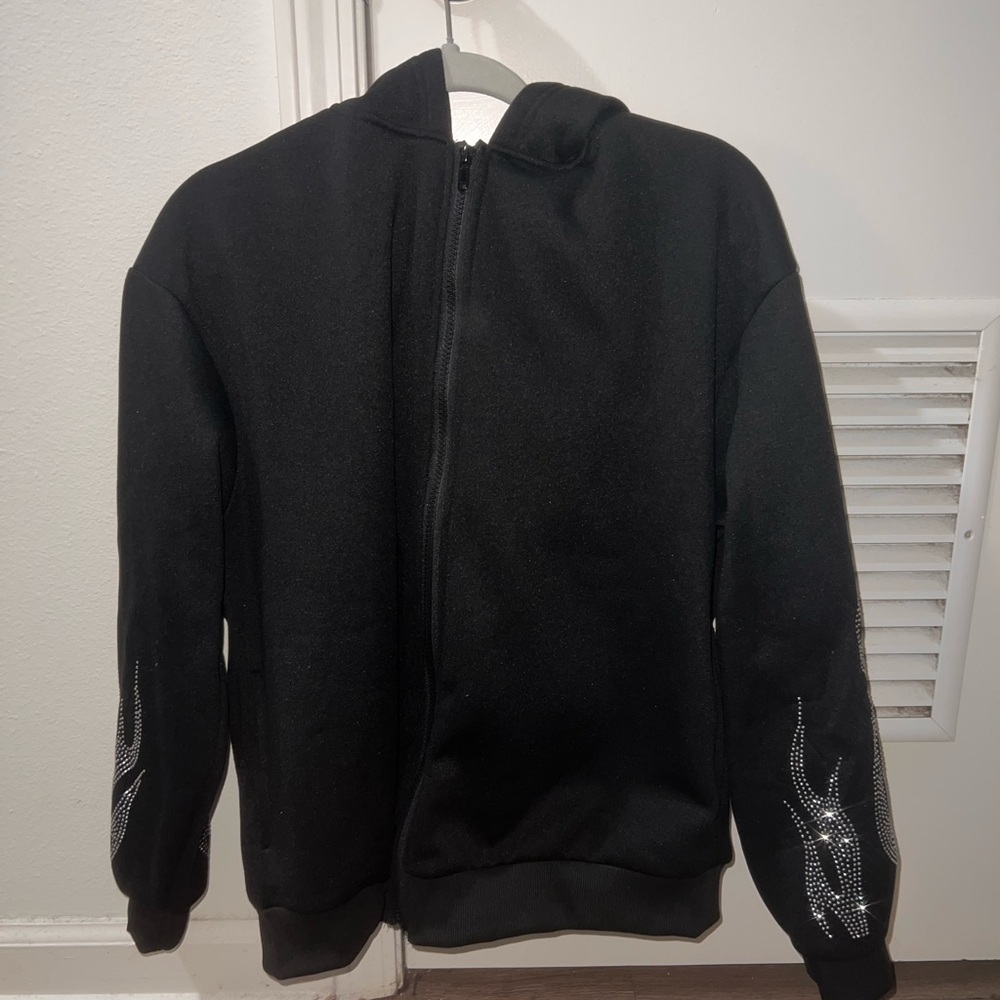 & Other Stories Black Zip-Up Hoodie with Rhinestone Sleeve Flames